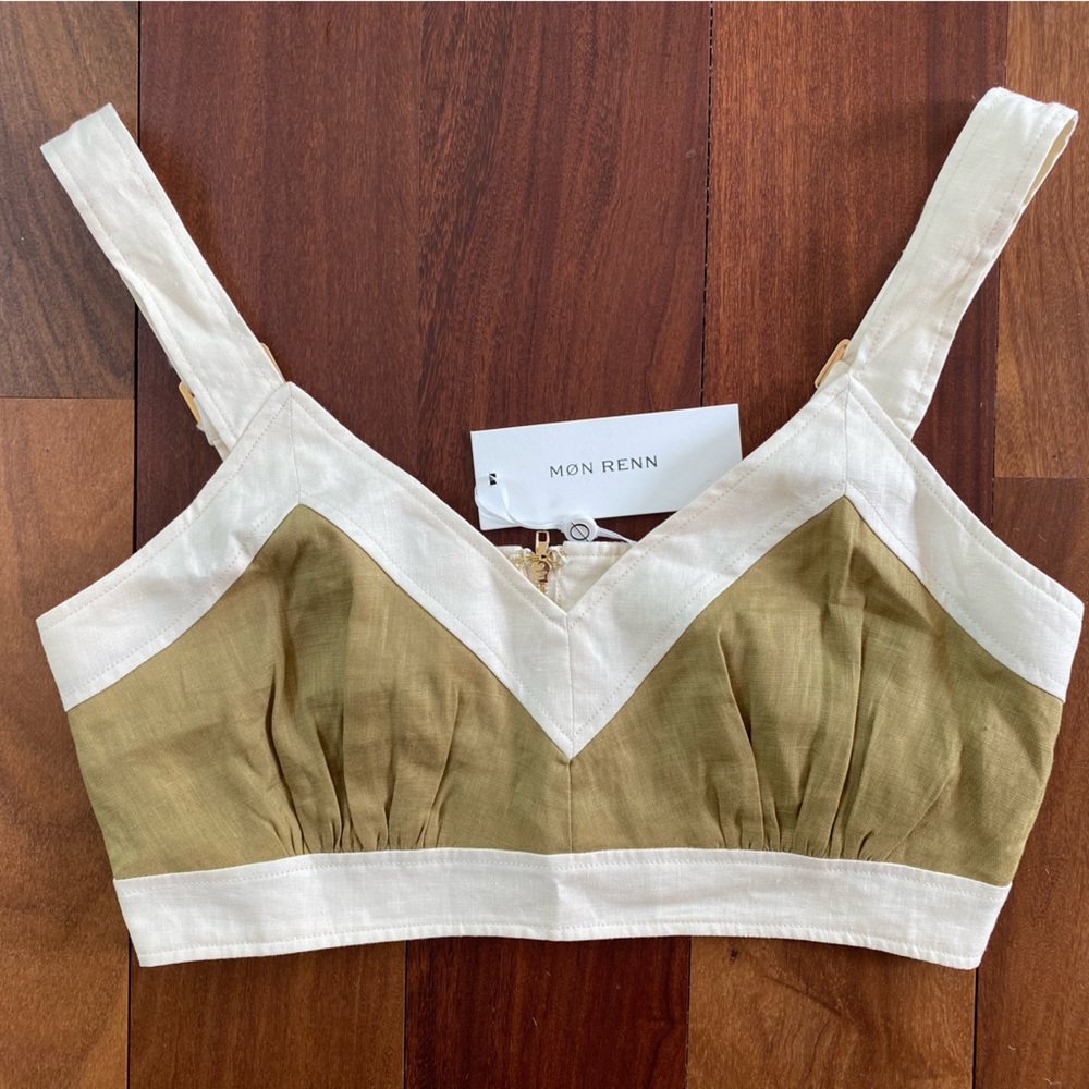 Mon Renn Gabardine Splice Crop Linen Top